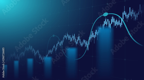 Abstract financial graph with uptrend line and bar chart of stock market on blue color background