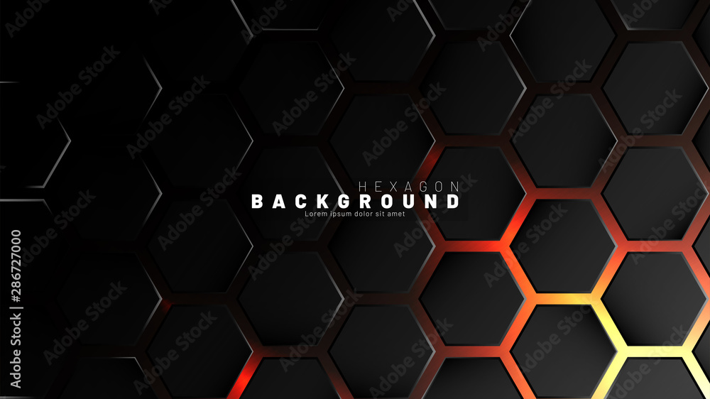 Abstract black hexagon pattern on neon gradient orange background technology style. Honeycomb. Vector illustration Abstract black hexagon pattern on neon gradient orange background technology style. Honeycomb. Vector illustration