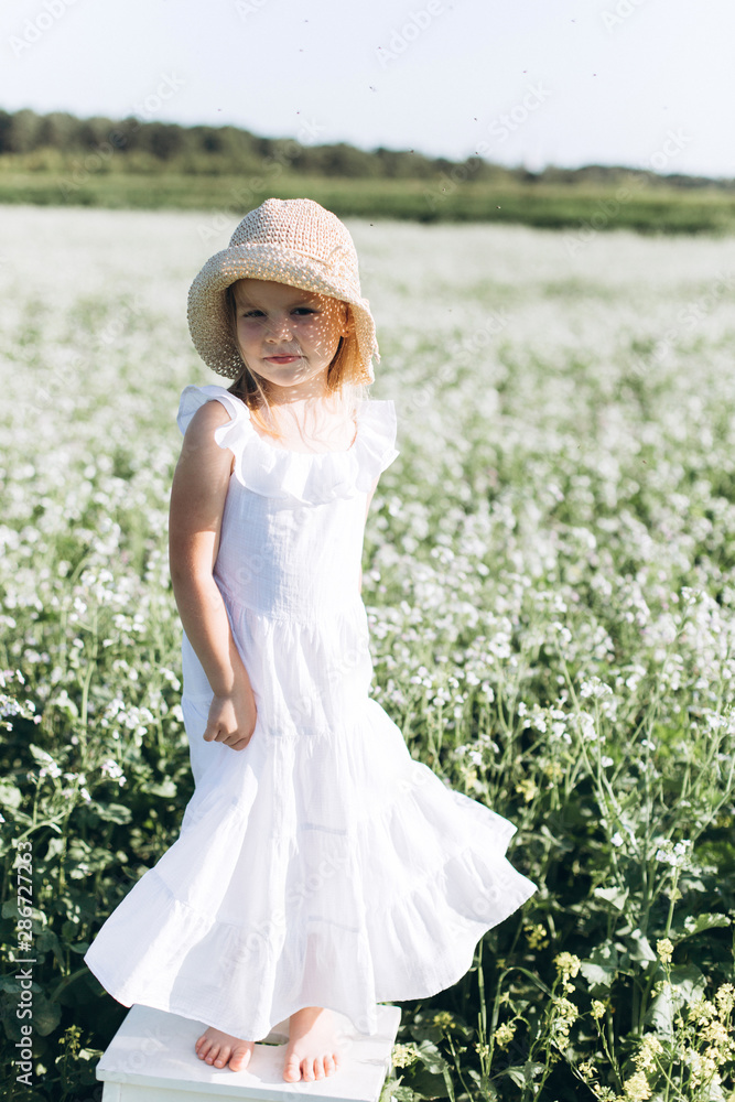 Close up portrait of little cheerful girl in flower summer field. Childhood, nature concept Close up portrait of little cheerful girl in flower summer field. Childhood, nature concept