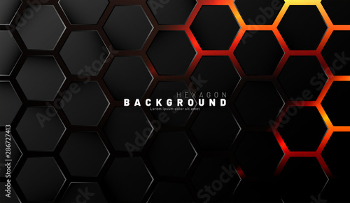 Abstract black hexagon pattern on neon gradient orange background technology style. Honeycomb. Vector illustration