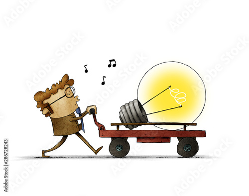 Man is pushing a cart with a large bulb. creativity concept, idea, isolated
