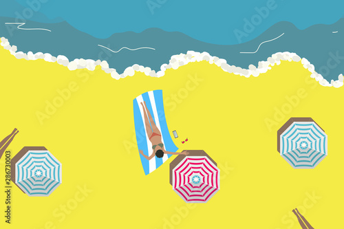 Beach top view background with sunbathers women. Vector illustration.
