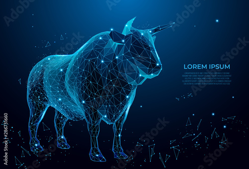 Bull symbol of royalty. Cow symbol of fertility, nurturing, and power for centuries.Vector polygonal futuristic image. Polygonal wireframe mesh art
