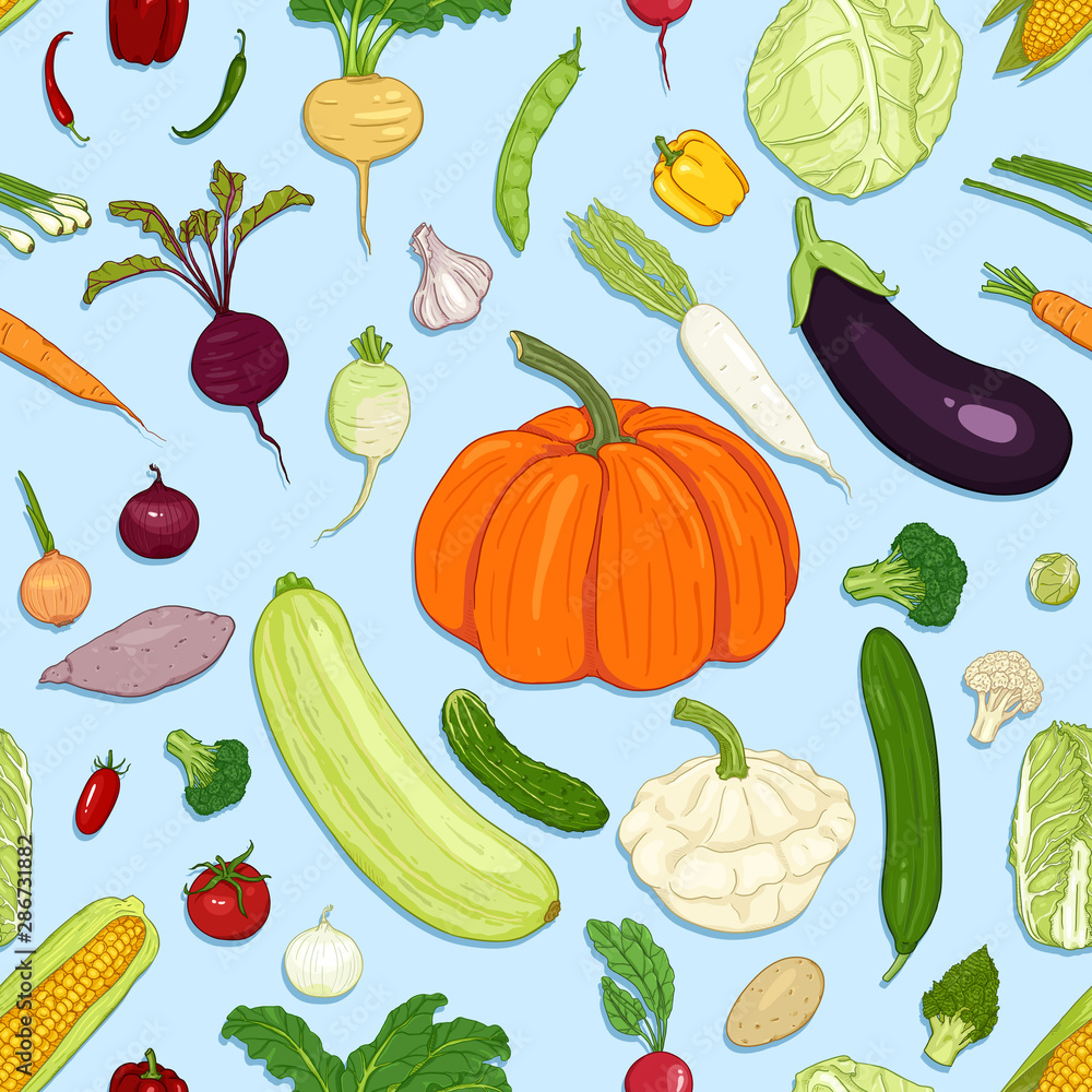 Fototapeta premium Vector Seamless Pattern of Cartoon Vegetables