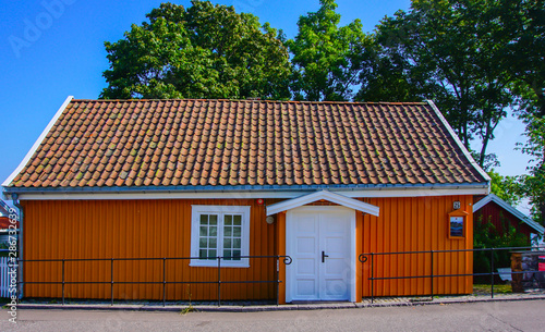 Traditional wooden panelled summer house in Asgardstrand, Norway