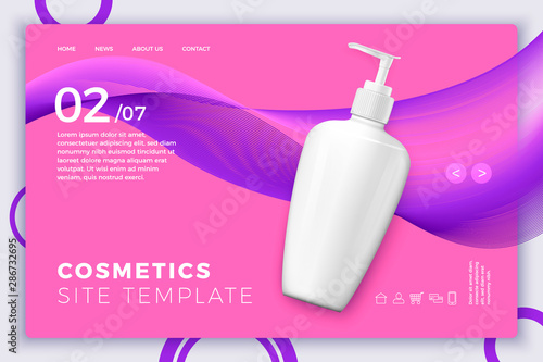 Vector 3d realistic cosmetic pump bottle on modern site template with typographic background. Mock-up for product package branding.
