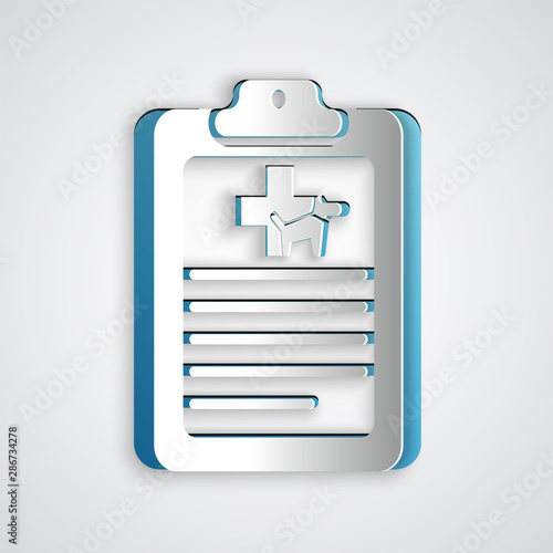 Paper cut Clipboard with medical clinical record pet icon isolated on grey background. Health insurance form. Medical check marks report. Paper art style. Vector Illustration