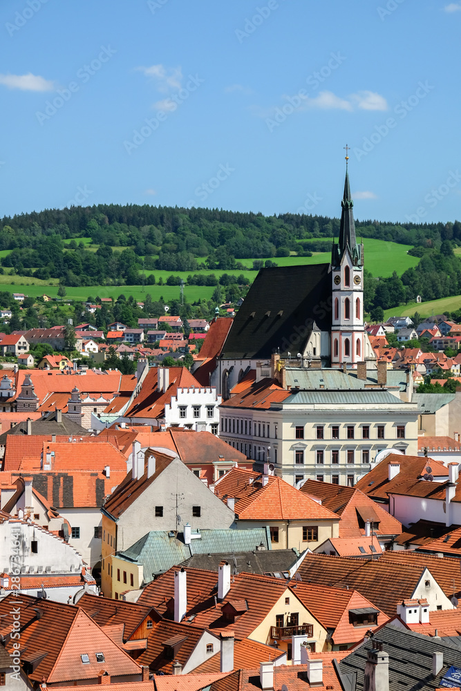 Beautiful view to tower and castle in Cesky Krumlov, Czech repub