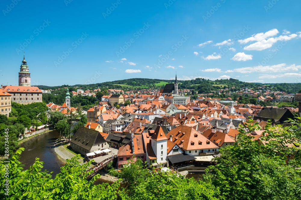 Beautiful view to tower and castle in Cesky Krumlov, Czech repub