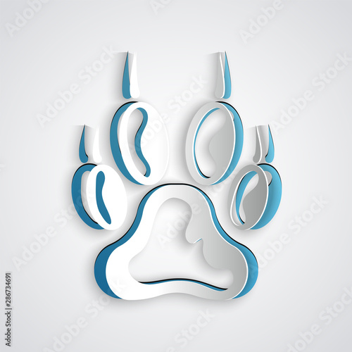 Paper cut Paw print icon isolated on grey background. Dog or cat paw print. Animal track. Paper art style. Vector Illustration