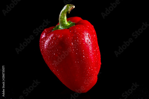 Photo of red bell pepper on a black background. Pure red pepper with drops of water.