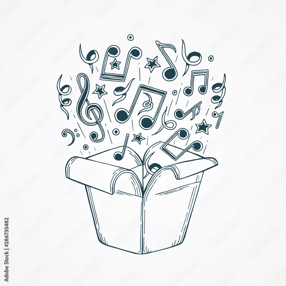 Music box. Music notes from gift box hand drawn illustration. Music box  sketch drawing. vector de Stock | Adobe Stock