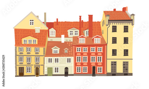 Old town center tourist street with medieval architecture historical buildings