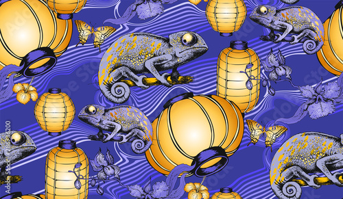 Chinese lanterns and chameleon. Seamless pattern. Vector illustration. Suitable for fabric, wrapping paper and the like