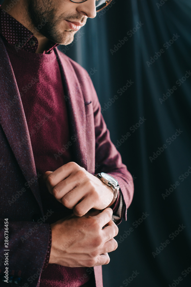 cropped view of stylish young man in jacket and glasses standing near curtain cropped view of stylish young man in jacket and glasses standing near curtain