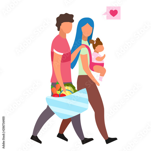 Loving family with child flat vector illustration. Young parents choosing healthy nutrition. Husband carrying basket with fresh fruits, vegetables isolated cartoon character on white background