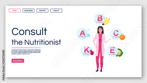 Consulting nutritionist landing page vector template. Dietitian recommendations website interface idea with flat illustrations. Vitamin balance homepage layout. Web banner, webpage cartoon concept