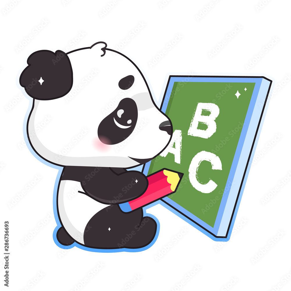 Cute panda drawing on school board with pencil kawaii cartoon vector  character. Adorable and funny animal studying alphabet isolated sticker,  patch. Anime baby panda bear emoji on white background Stock Vector |