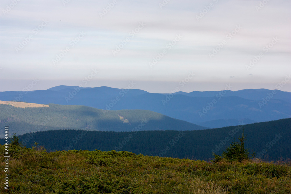 The majestic view of the beautiful mountains. Relaxing travel background. Tourist routes. Carpathians. Ukraine. Europe.