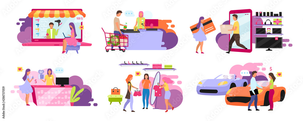 Customers and sellers flat vector illustrations set. Purchasing goods, ordering delivery online, on website. Going to supermarket, convenience store. Shopping isolated cartoon characters Customers and sellers flat vector illustrations set. Purchasing goods, ordering delivery online, on website. Going to supermarket, convenience store. Shopping isolated cartoon characters