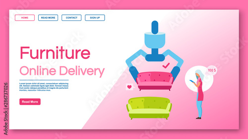 Furniture online delivery landing page vector template.Furniture store service, house reconstruction, living room decoration website, webpage. Woman purchasing couch cartoon character