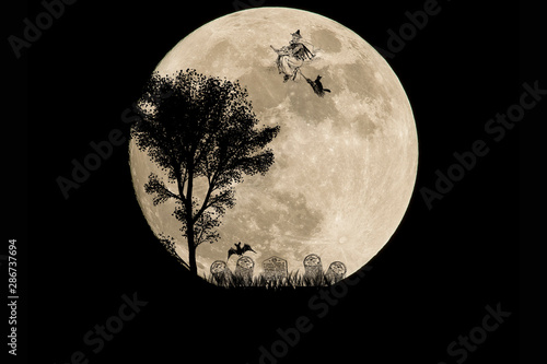 On the moonlit night, a broom witch flies over the cemetery