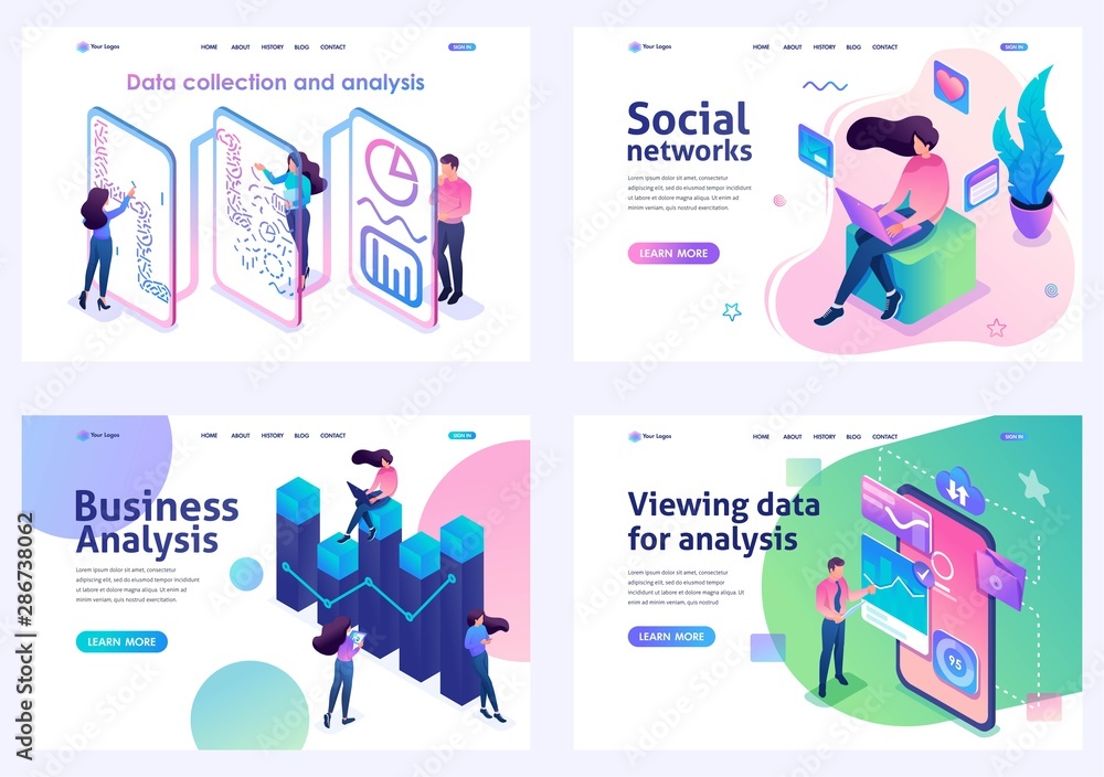 Set of isometric concepts.social networks, data analysis, business analysis, data collection. For Landing page concepts and web design