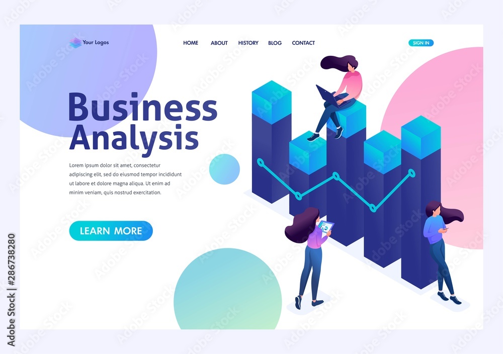 Team of professionals engaged in business analysis, young girls with gadgets at work. 3d isometric. Landing page concepts and web design Team of professionals engaged in business analysis, young girls with gadgets at work. 3d isometric. Landing page concepts and web design