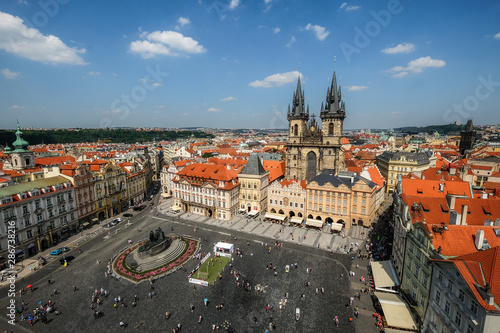 Aerial view over Church of Our Lady before Tyn at Old Town square in Prague, Czech Republic. Toning in cool tones