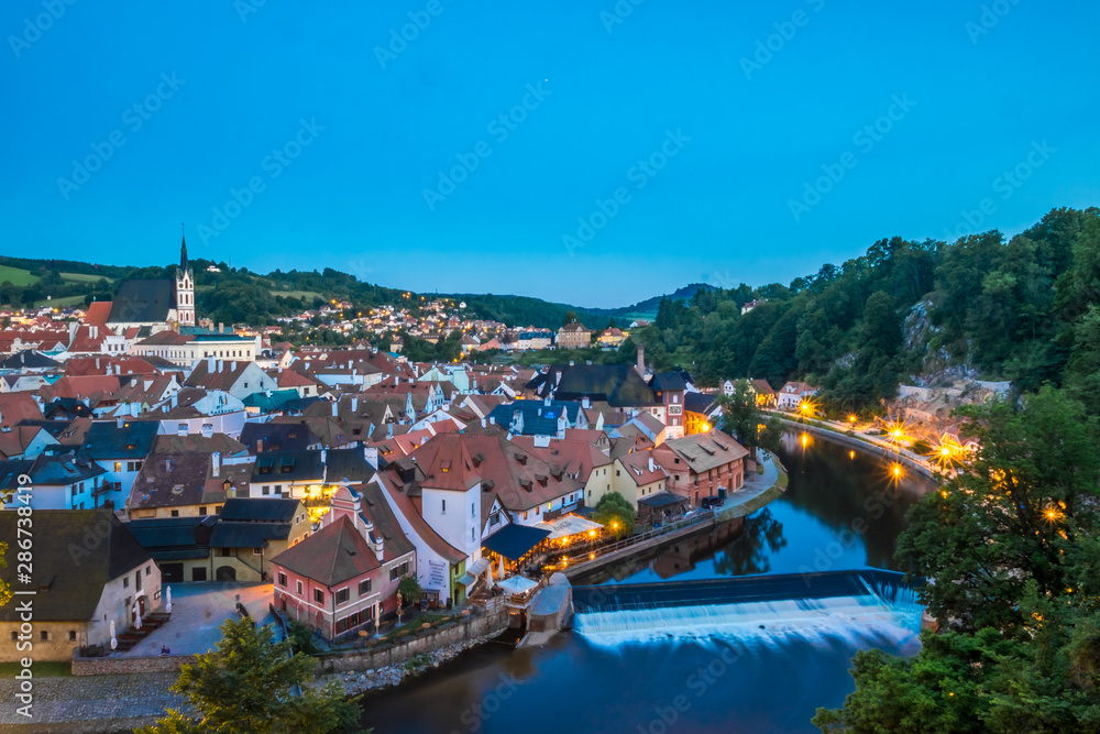 Beautiful view to tower and castle in Cesky Krumlov at twilight, Czech republic