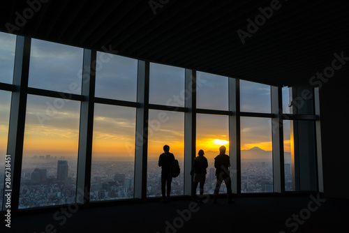 Canvas Print Silhouette of tourism looking a mtfuji from building in tokyo