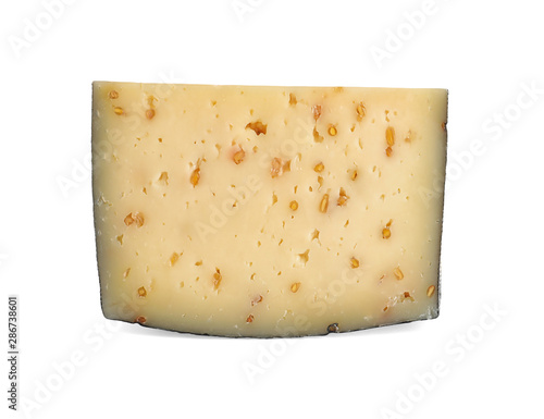 Piece of tasty cheese with fenugreek isolated on white