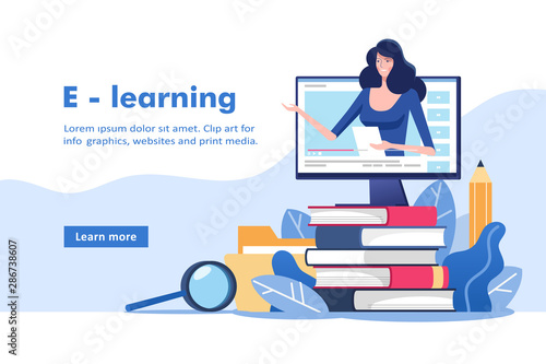 Distance education or business training. Pile of books and online teacher on computer monitor. Webinar or video seminar learning vector concept.