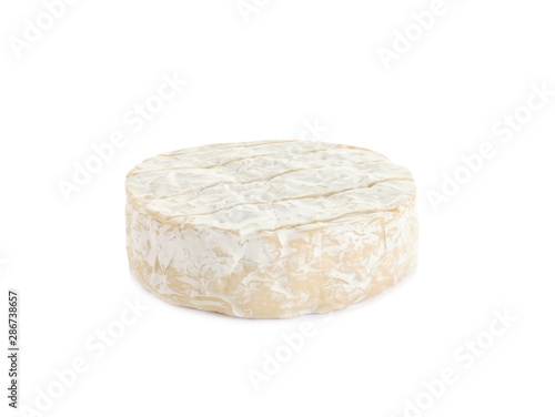 Head of tasty camembert cheese isolated on white