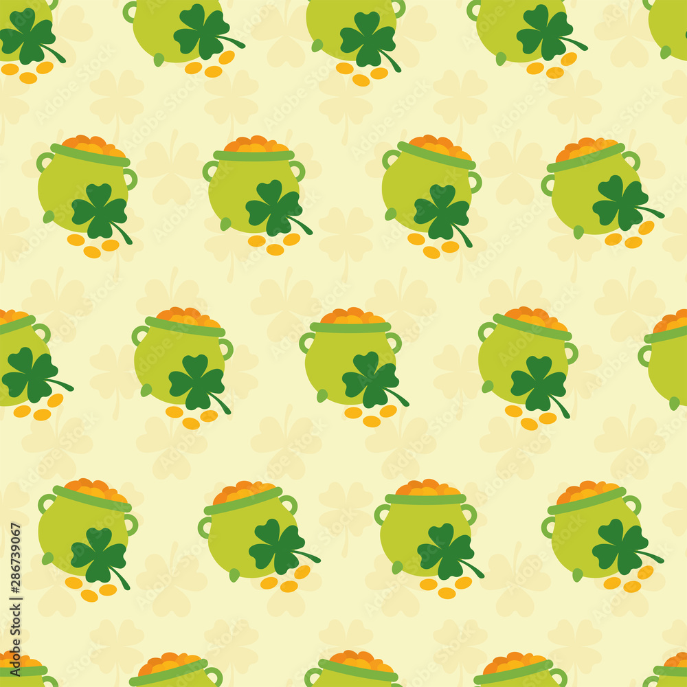Seamless pattern with gold pots and clovers Seamless pattern with gold pots and clovers