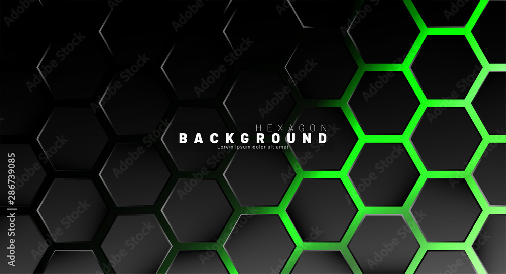 Abstract black hexagon pattern on green neon background technology style. Honeycomb. Vector illustration Abstract black hexagon pattern on green neon background technology style. Honeycomb. Vector illustration