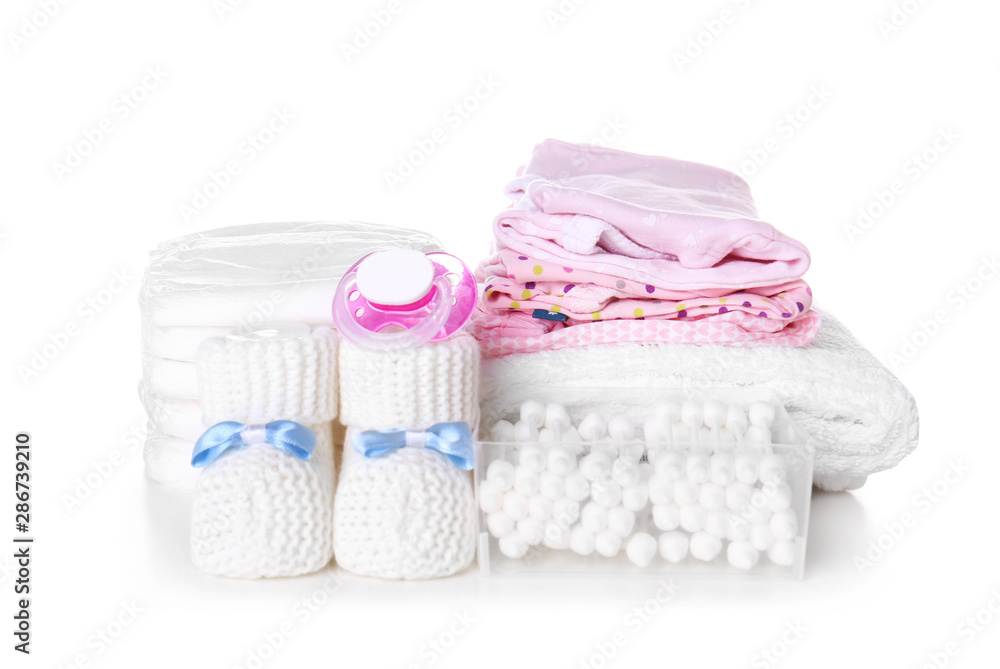 Set of baby accessories on white background Set of baby accessories on white background