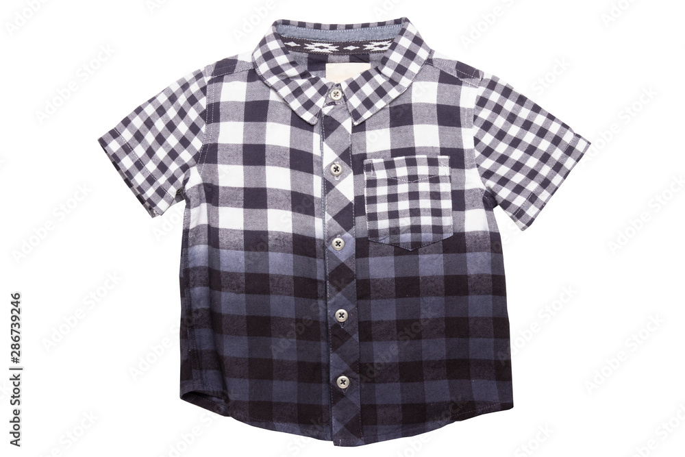 Checked shirts. Close-up of a gray white tartan or plaid shirt for boy isolated on a white background. Childrens summer fashion. Checked shirts. Close-up of a gray white tartan or plaid shirt for boy isolated on a white background. Childrens summer fashion.