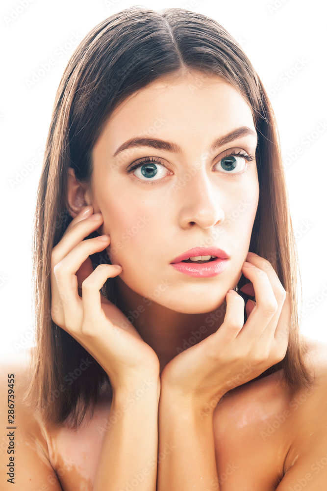 beautiful young brunette woman with vitiligo disease close up isolated on white beautiful young brunette woman with vitiligo disease close up isolated on white