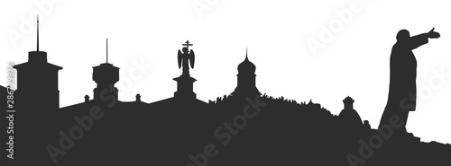 Black and white silhouette of the city of Tomsk, Russia. View from Lenin Square. Cover for social networks.
