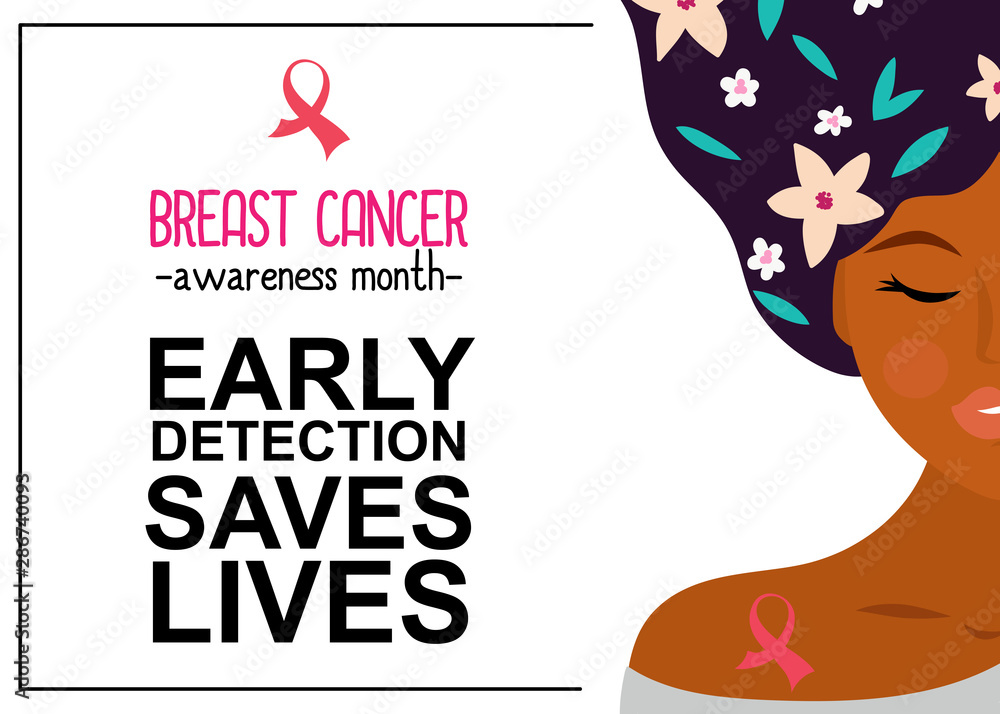 Obraz premium Early detection saves lives.Woman portrait with pink ribbon - symbol of breast cancer. Vector concept. 