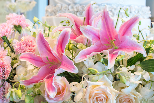 ouquet of  Pink lilies and pink roses photo