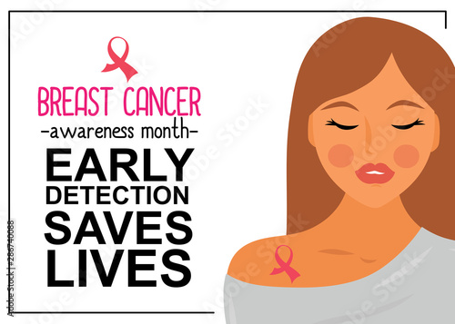 Early detection saves lives.Woman portrait with pink ribbon - symbol of breast cancer. Vector concept. 
