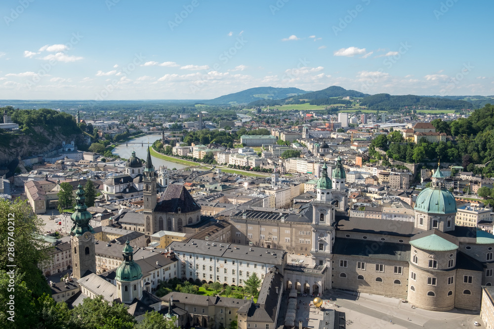 Aerial panoramic view of the historic city of Salzburg with Salzach river, Salzburger Land, Austria