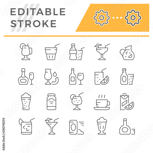 Set editable stroke line icons of drink