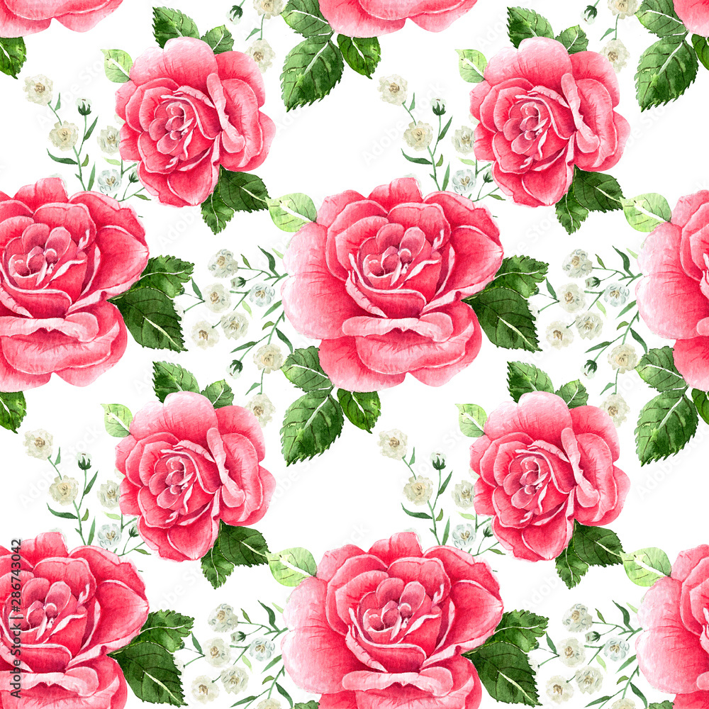 pattern pink rose flower, watercolor drawing on white background