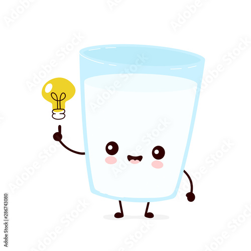 Cute smiling happy milk glass with light bulb