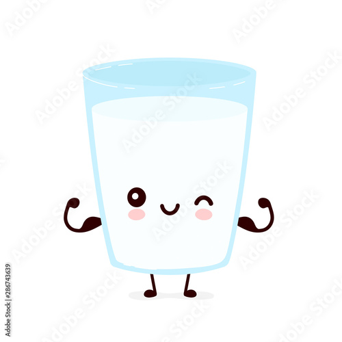 Cute smiling happy milk glass show muscle