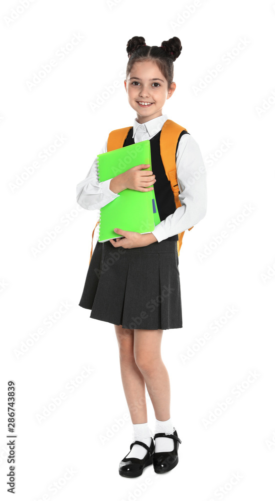 Happy girl in school uniform on white background Happy girl in school uniform on white background