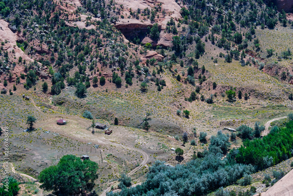 Overhead View of Navajo Ranch and Hogan in Floor of Canyon de Chelly in ...